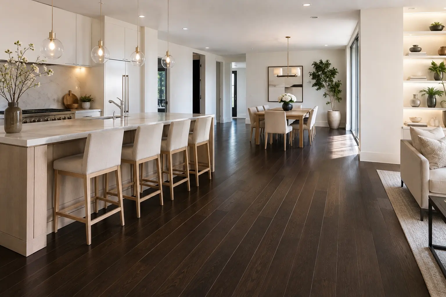 Donkere houten vloer in licht interieur